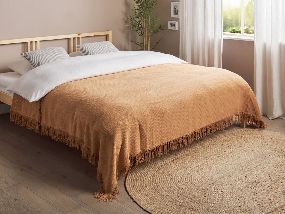Copriletto marrone in tessuto di cotone 200 x 220 cm con frange Coperta decorativa Biancheria da letto design classico Camera da letto