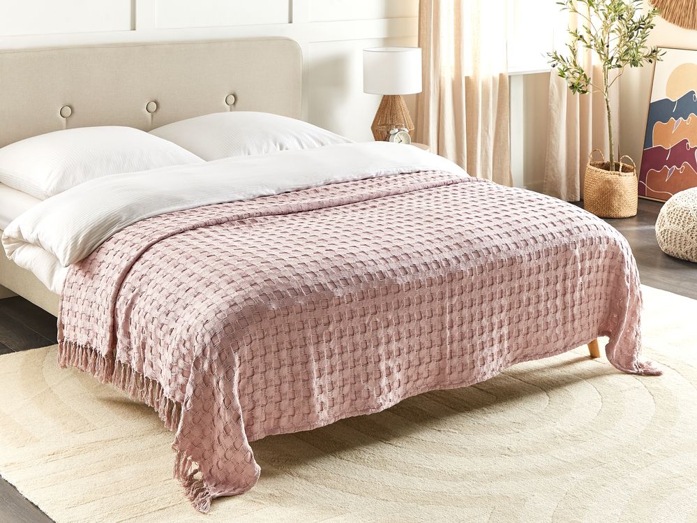 Copriletto in tessuto di cotone rosa chiaro 200 x 220 cm con frange Coperta decorativa Biancheria da letto design classico Camera da letto
