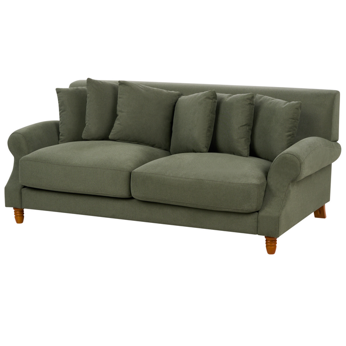 Divano con 6 cuscini Rivestimento in tessuto verde Gambe in legno chiaro 2 posti