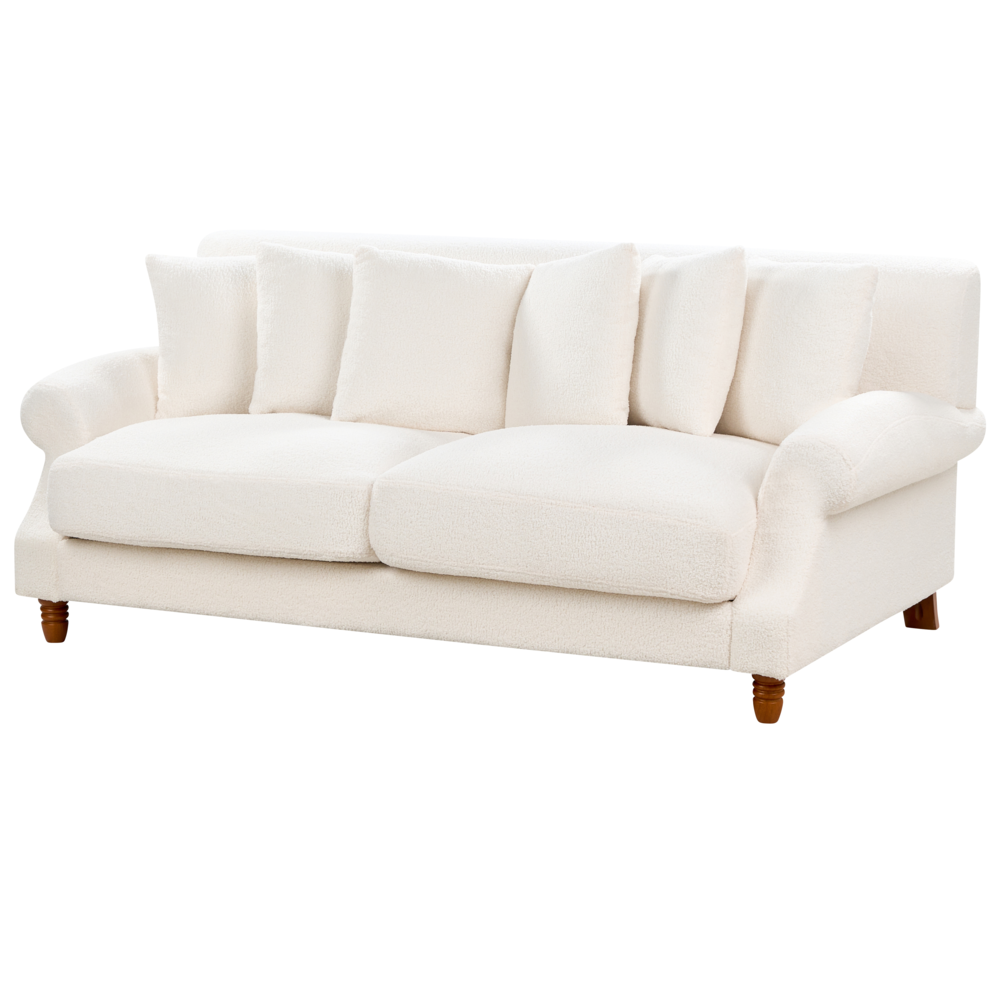 Divano con 6 cuscini Rivestimento in tessuto bianco sporco Gambe in legno chiaro 2 posti