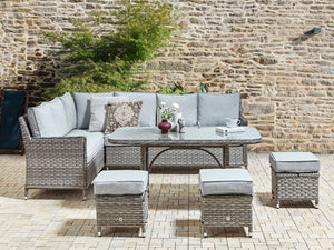 Set di divani da giardino in rattan PE a 9 posti, grigio, con tavolo e pouf cuscini grigi