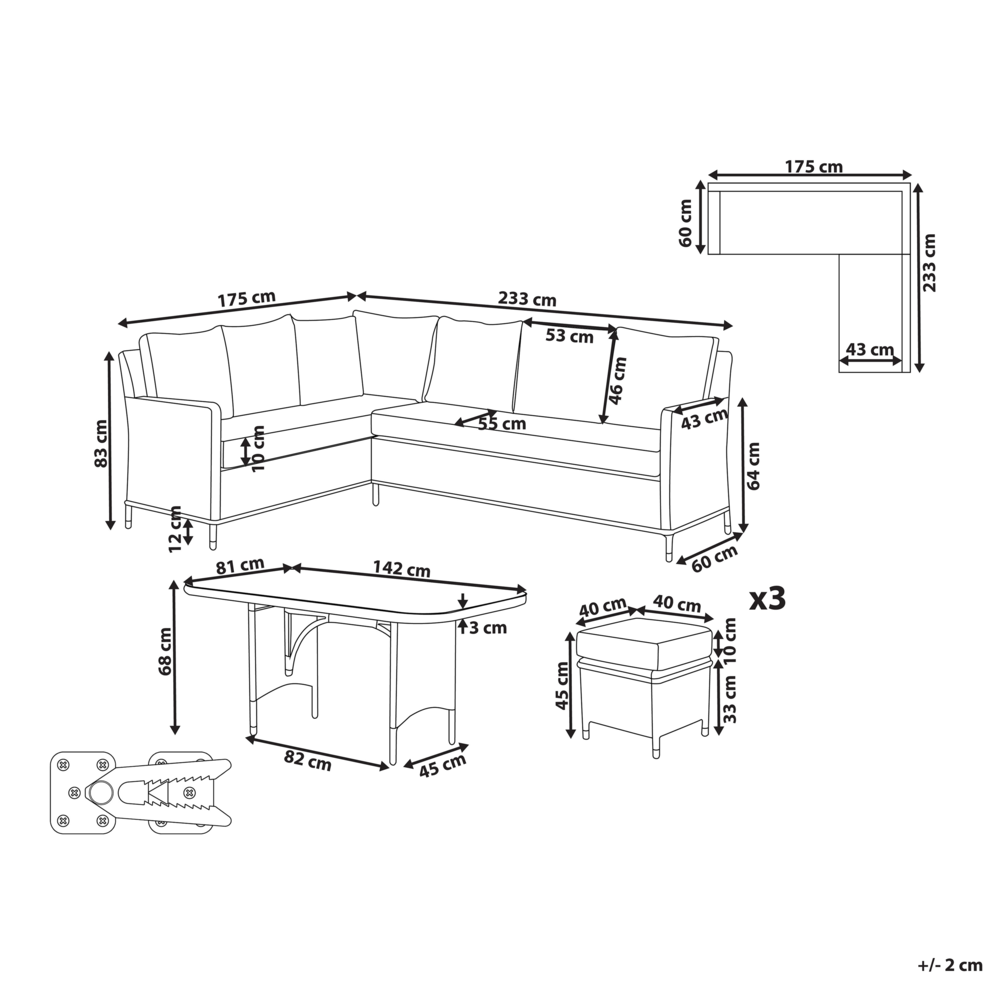 Set di divani da giardino in rattan PE a 9 posti, grigio, con tavolo e pouf cuscini grigi