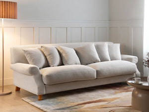 Divano con 6 cuscini Rivestimento in velluto bianco sporco Gambe in legno chiaro 3 posti