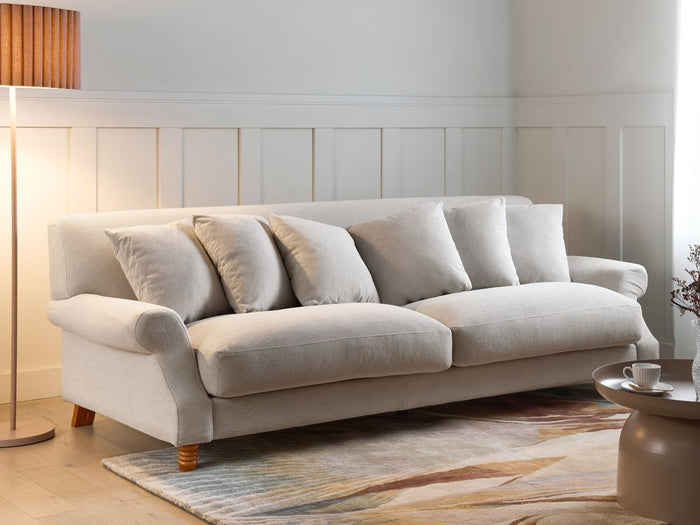 Divano con 6 cuscini Rivestimento in velluto bianco sporco Gambe in legno chiaro 3 posti