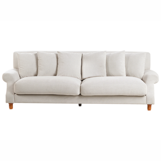 Divano con 6 cuscini Rivestimento in velluto bianco sporco Gambe in legno chiaro 3 posti