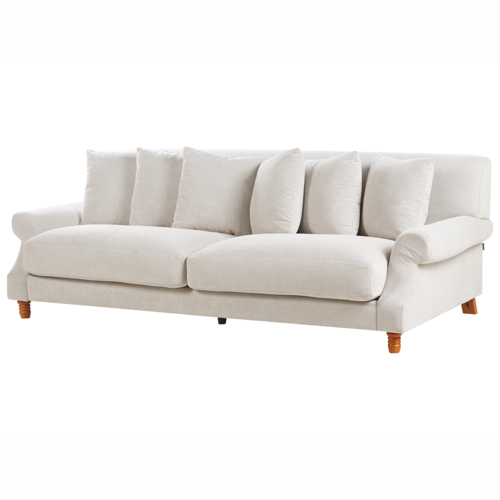 Divano con 6 cuscini Rivestimento in velluto bianco sporco Gambe in legno chiaro 3 posti