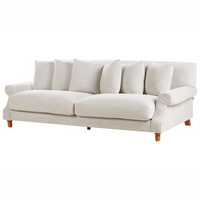 Divano con 6 cuscini Rivestimento in velluto bianco sporco Gambe in legno chiaro 3 posti