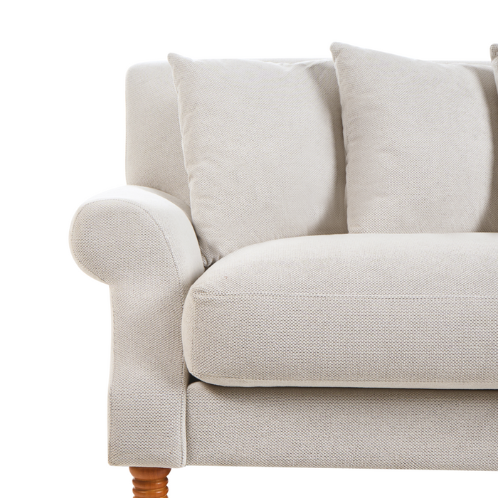 Divano con 6 cuscini Rivestimento in velluto bianco sporco Gambe in legno chiaro 3 posti