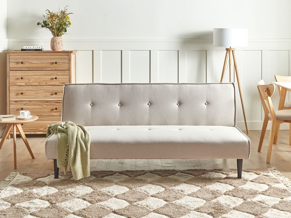 Divano Letto a 3 Posti in Tessuto beige chiaro Senza Braccioli con Bottoni Click Clack