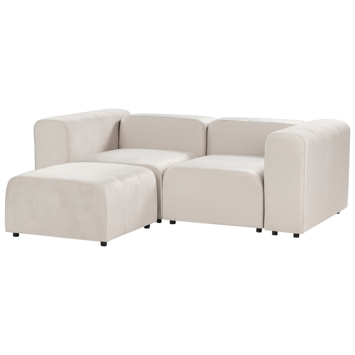 Divano componibile a 2 posti con pouf rivestito con velluto beige stile moderno