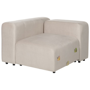 Divano componibile a 2 posti con pouf rivestito con velluto beige stile moderno