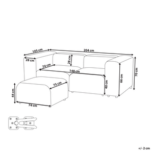 Divano componibile a 2 posti con pouf rivestito con velluto beige stile moderno