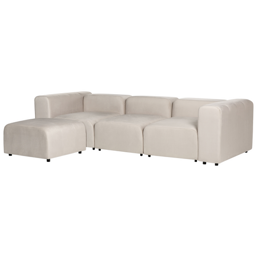 Divano componibile a 3 posti con pouf rivestito con velluto beige stile moderno