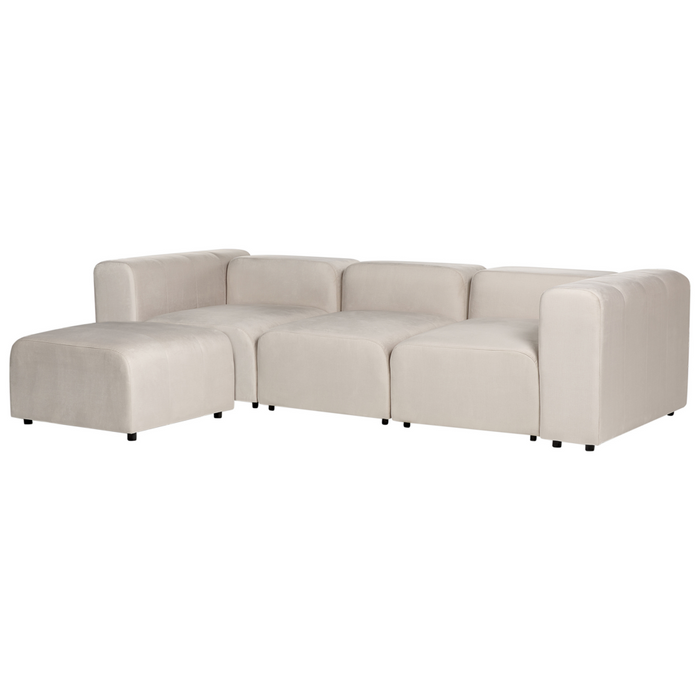 Divano componibile a 3 posti con pouf rivestito con velluto beige stile moderno