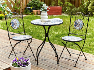 Tavolo da bistrot per esterni in metallo con piano in mosaico e struttura in ferro nero stile vintage