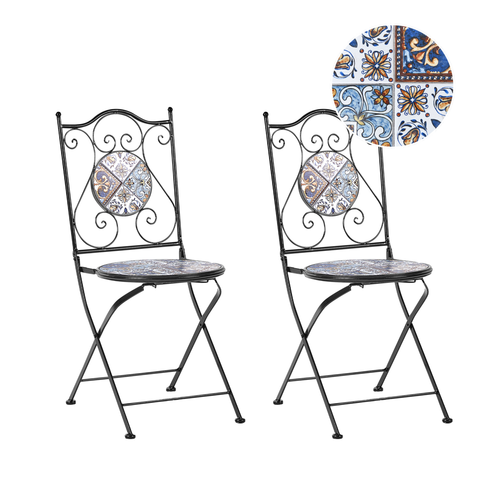 Set di 2 sedie da esterno in metallo nero con motivo a mosaico e struttura in ferro pieghevole stile vintage