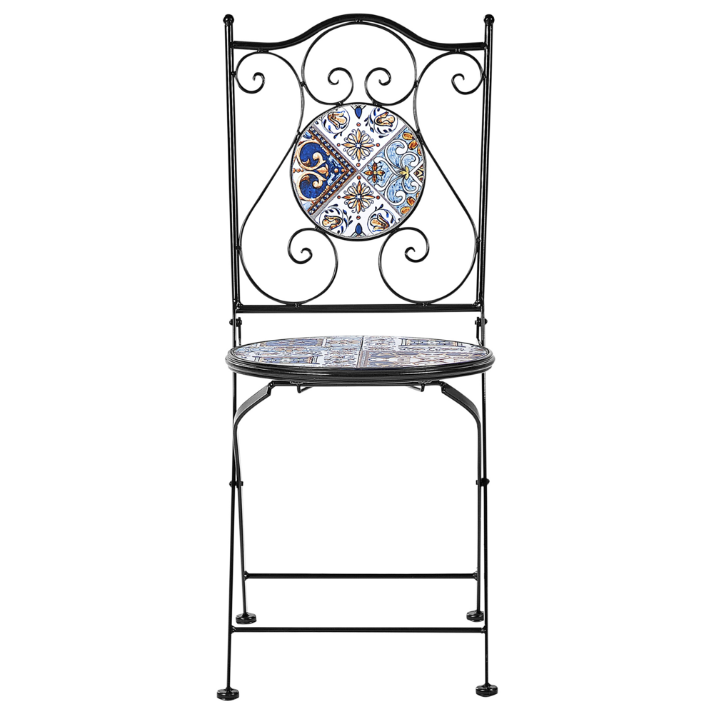 Set di 2 sedie da esterno in metallo nero con motivo a mosaico e struttura in ferro pieghevole stile vintage