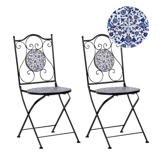 Set di 2 sedie da esterno in metallo pieghevoli con motivo a mosaico blu e struttura in ferro nero stile vintage