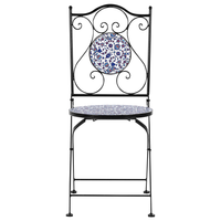 Set di 2 sedie da esterno in metallo pieghevoli con motivo a mosaico blu e struttura in ferro nero stile vintage