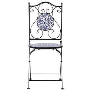 Set di 2 sedie da esterno in metallo pieghevoli con motivo a mosaico blu e struttura in ferro nero stile vintage