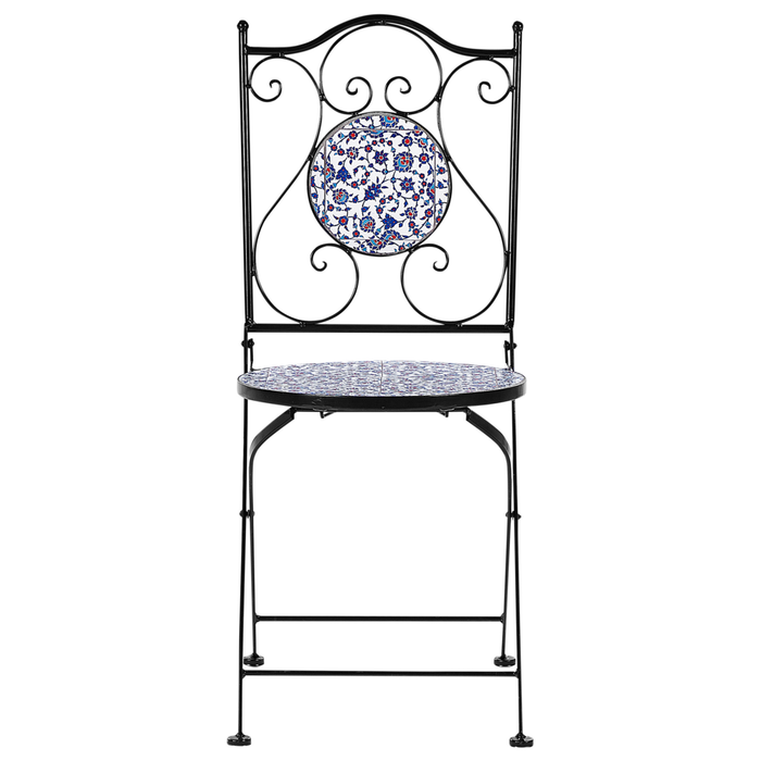 Set di 2 sedie da esterno in metallo pieghevoli con motivo a mosaico blu e struttura in ferro nero stile vintage