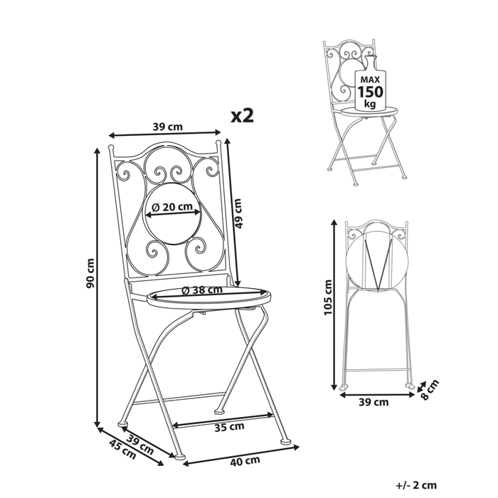 Set di 2 sedie da esterno in metallo pieghevoli con motivo a mosaico blu e struttura in ferro nero stile vintage