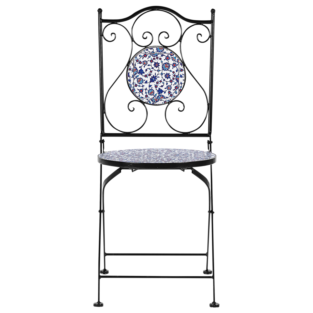 Set da bistrot da giardino in metallo nero con motivo a mosaico blu e telaio in ferro stile vintage