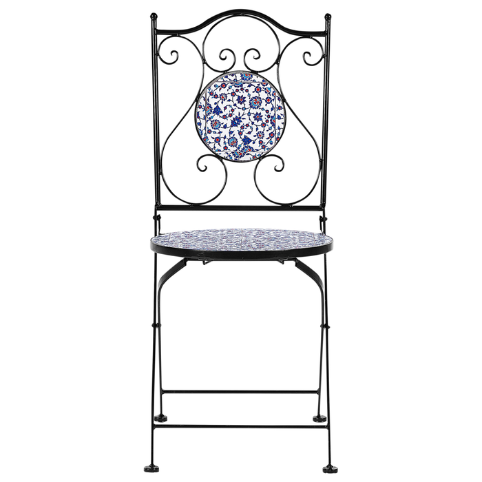 Set da bistrot da giardino in metallo nero con motivo a mosaico blu e telaio in ferro stile vintage