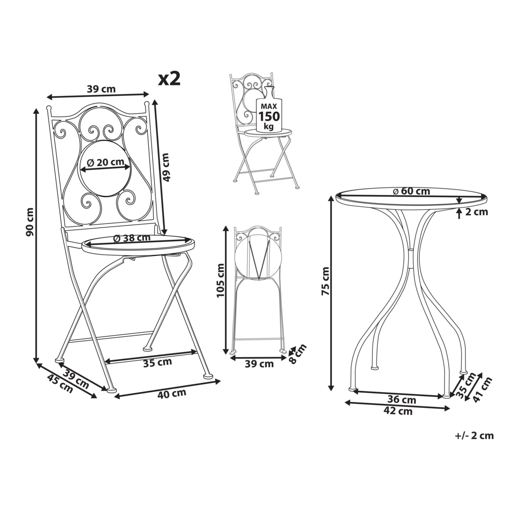 Set da bistrot da giardino in metallo nero con motivo a mosaico blu e telaio in ferro stile vintage