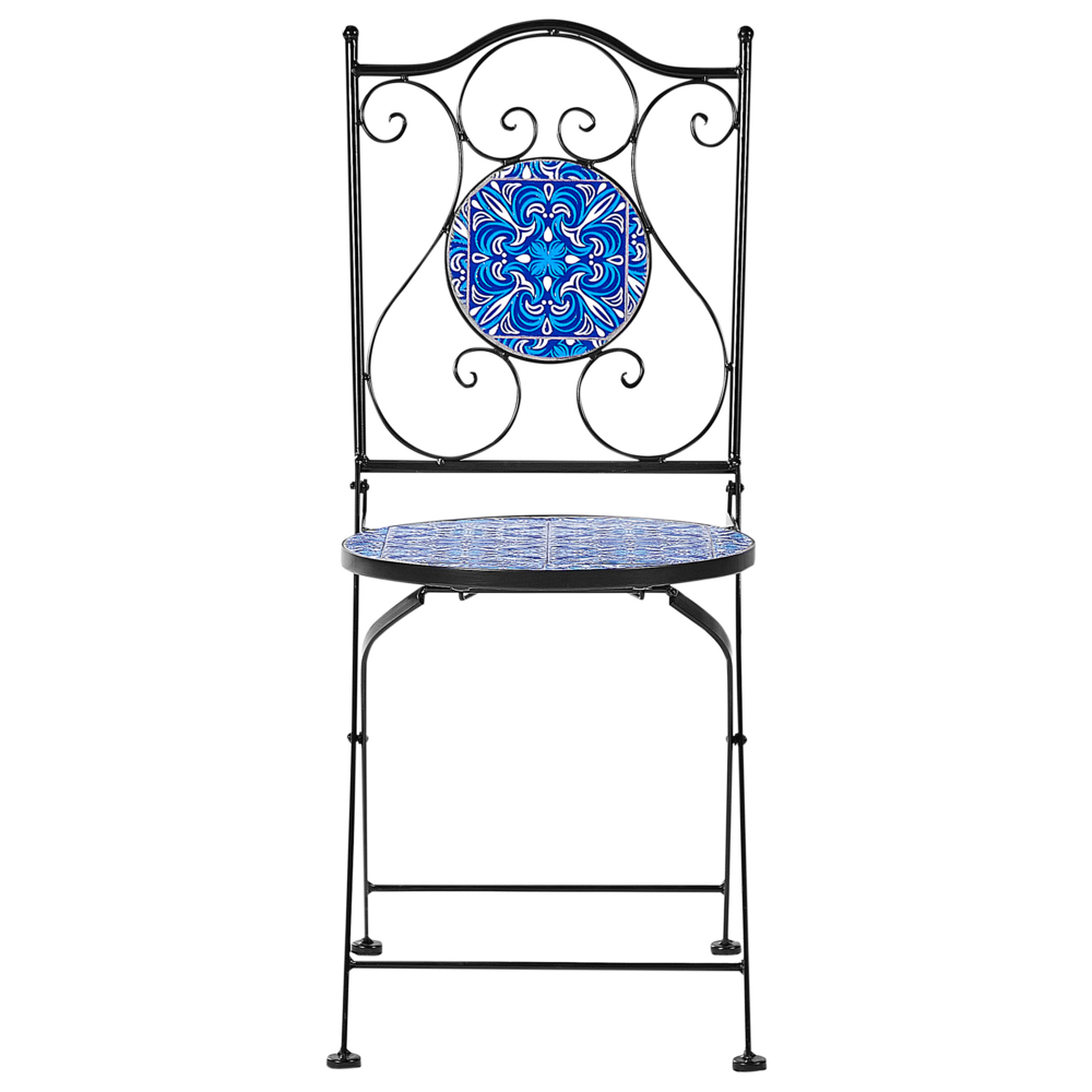 Set di 2 sedie da esterno in metallo con motivo a mosaico blu e struttura in ferro pieghevole nero stile vintage