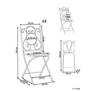 Set di 2 sedie da esterno in metallo con motivo a mosaico blu e struttura in ferro pieghevole nero stile vintage