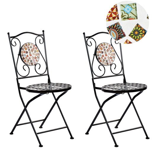 Set di 2 sedie pieghevoli da giardino in metallo nero con mosaico stile vintage esterno