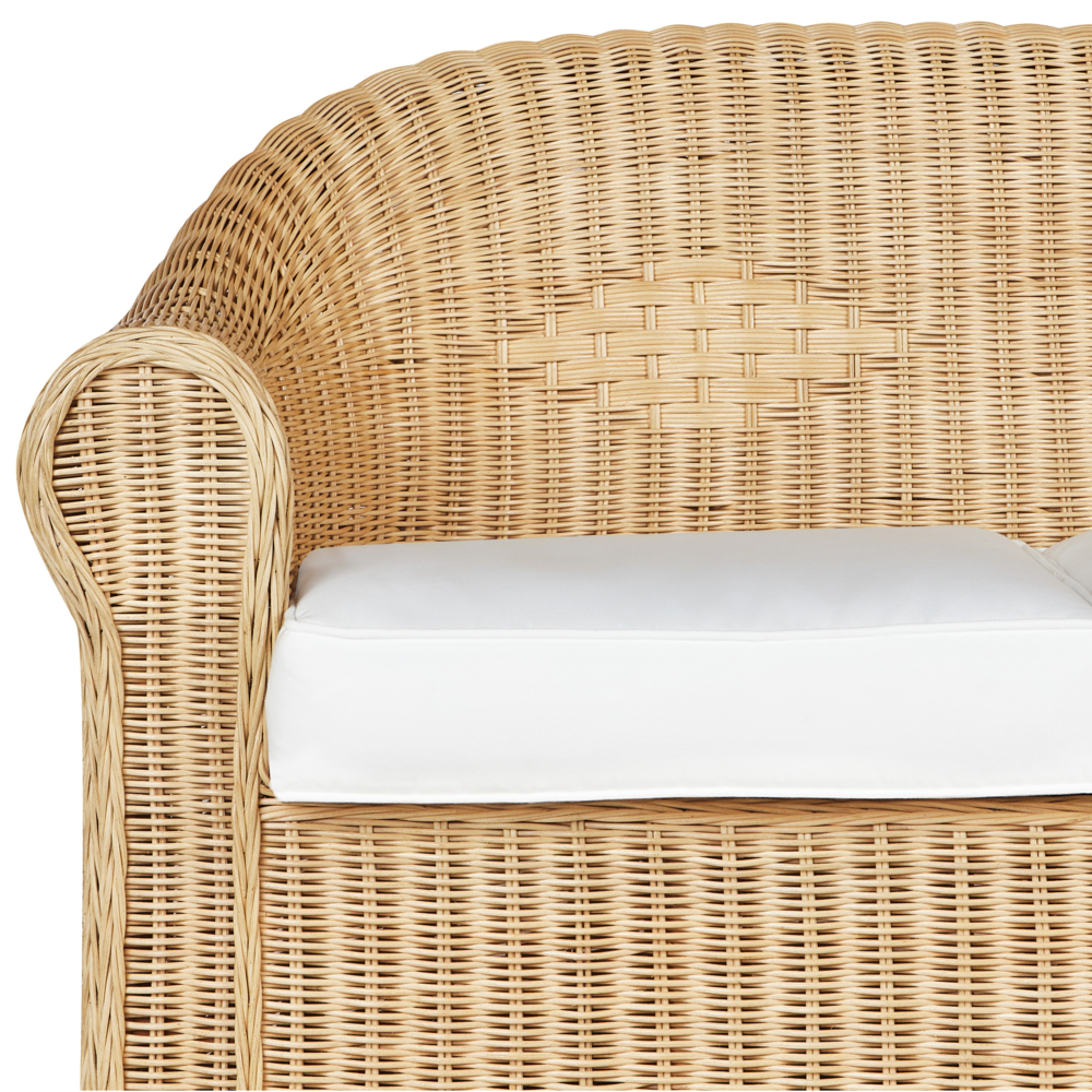 Divano da giardino a 3 posti in rattan naturale bianco con cuscino in cotone di media resistenza per esterni in stile bohémien per il giardino e il balcone