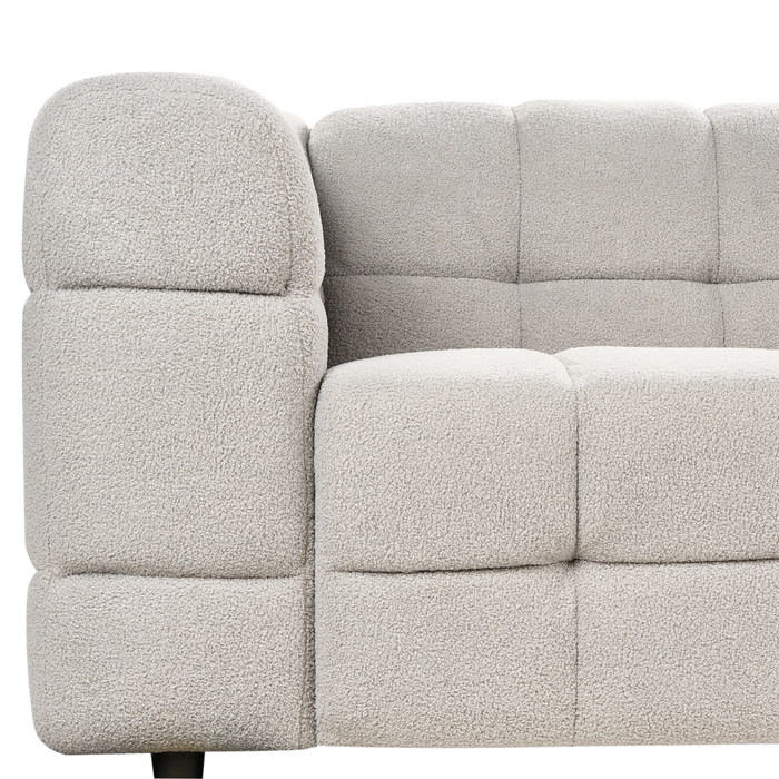 Divano imbottito a 3 posti in tessuto poliestere boucle con gambe nere braccioli grigio chiaro stile moderno elegante