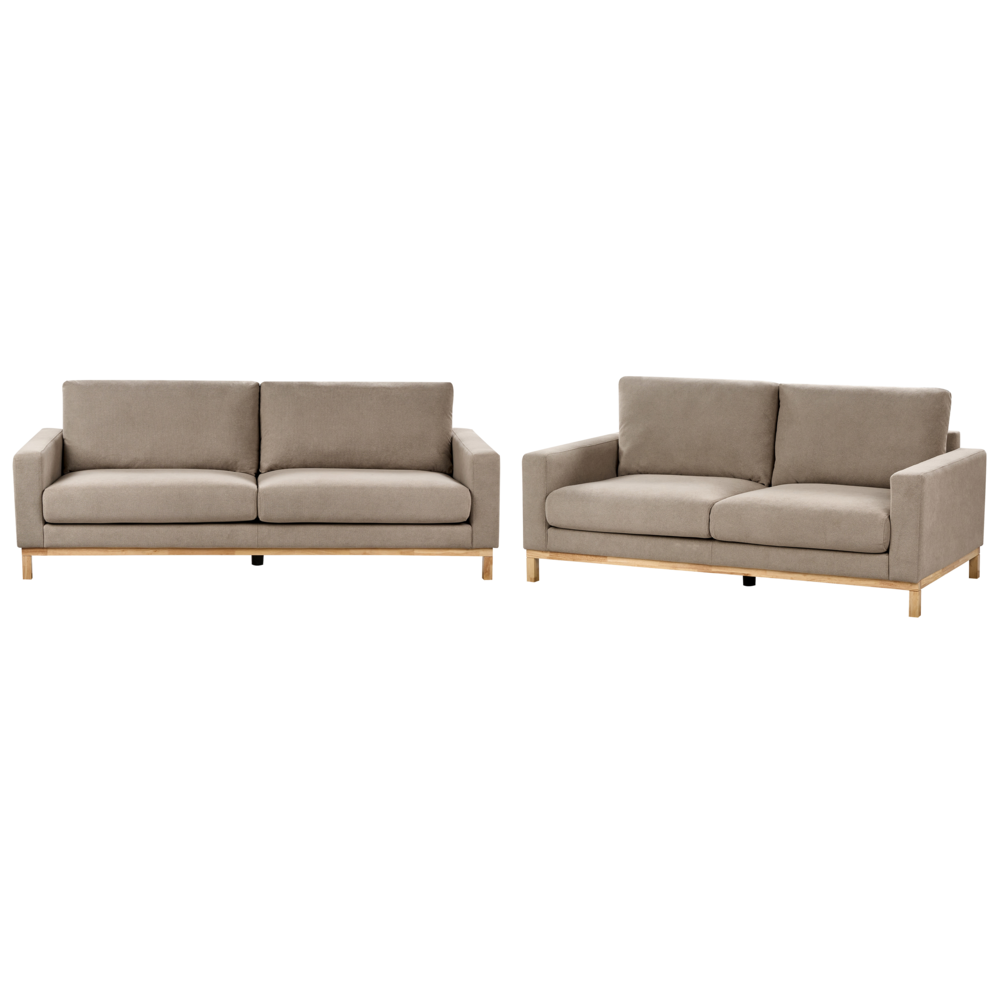 Set da salotto 2 posti e 3 posti in tessuto tortora con Gambe in legno chiaro stile moderno