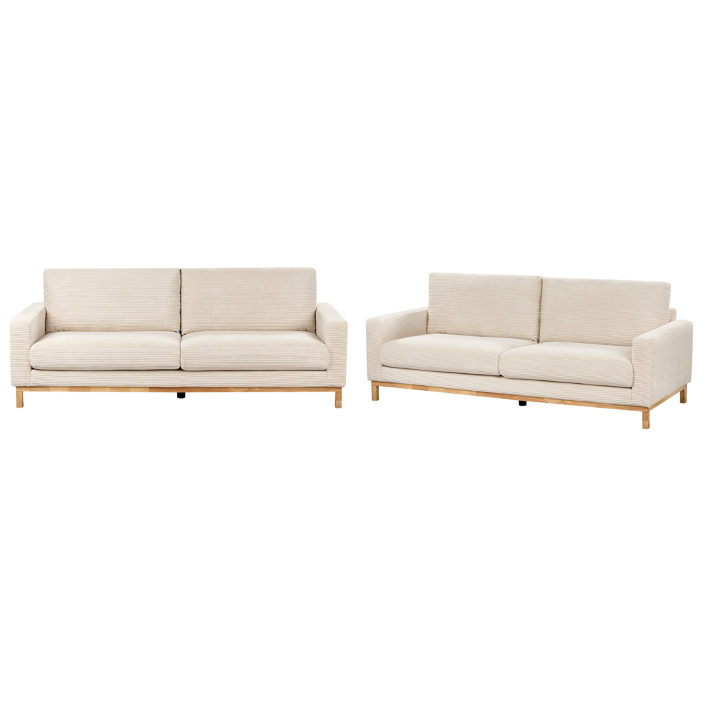 Set da salotto 2 posti e 3 posti in corda beige chiaro con Gambe in legno chiaro stile moderno