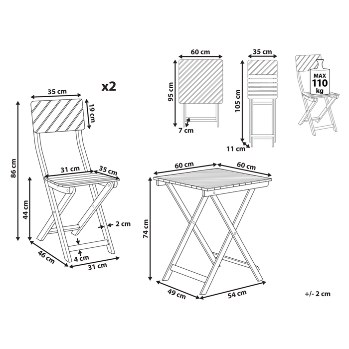 Set da bistrot 3 pezzi in legno massiccio di eucalipto chiaro 2 sedie e tavolo da tè pieghevole a doghe
