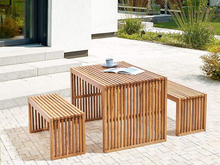 Set di 2 panche da pranzo da giardino in legno chiaro di acacia a 2 posti, moderne e rustiche, per esterni e interni.