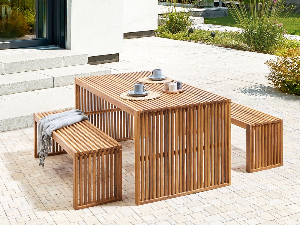 Tavolo da pranzo da giardino in legno massiccio di acacia chiaro 180 x 90 cm 6 posti a sedere rettangolare per interni e per esterni Rustico