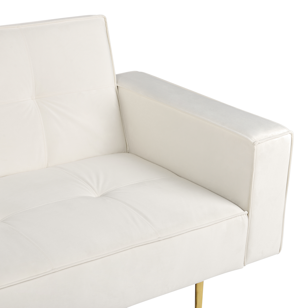 Divano letto in velluto bianco sporco a 3 posti con braccioli moderni a binario