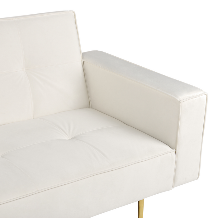 Divano letto in velluto bianco sporco a 3 posti con braccioli moderni a binario