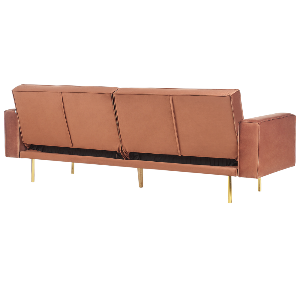 Divano letto in velluto marrone dorato a 3 posti con bracci a binario moderni