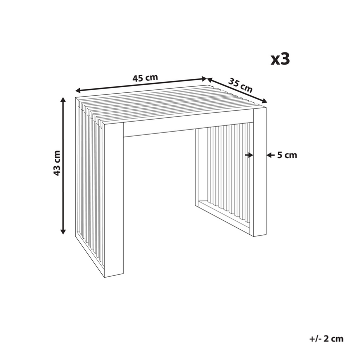 Set di 3 sgabelli da giardino in legno di acacia chiaro da giardino moderno e rustico.