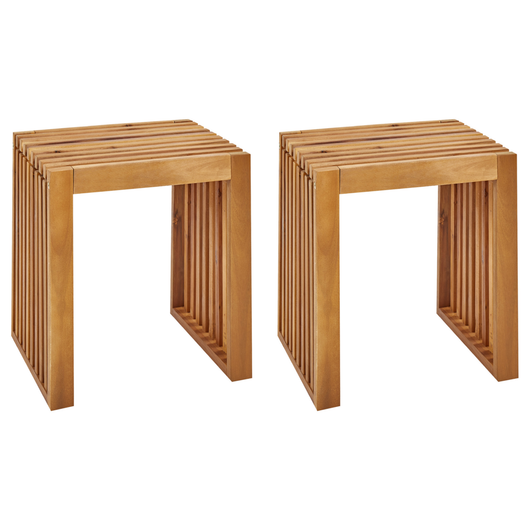 Set di 2 sgabelli da giardino in legno di acacia chiaro da giardino moderno e rustico.
