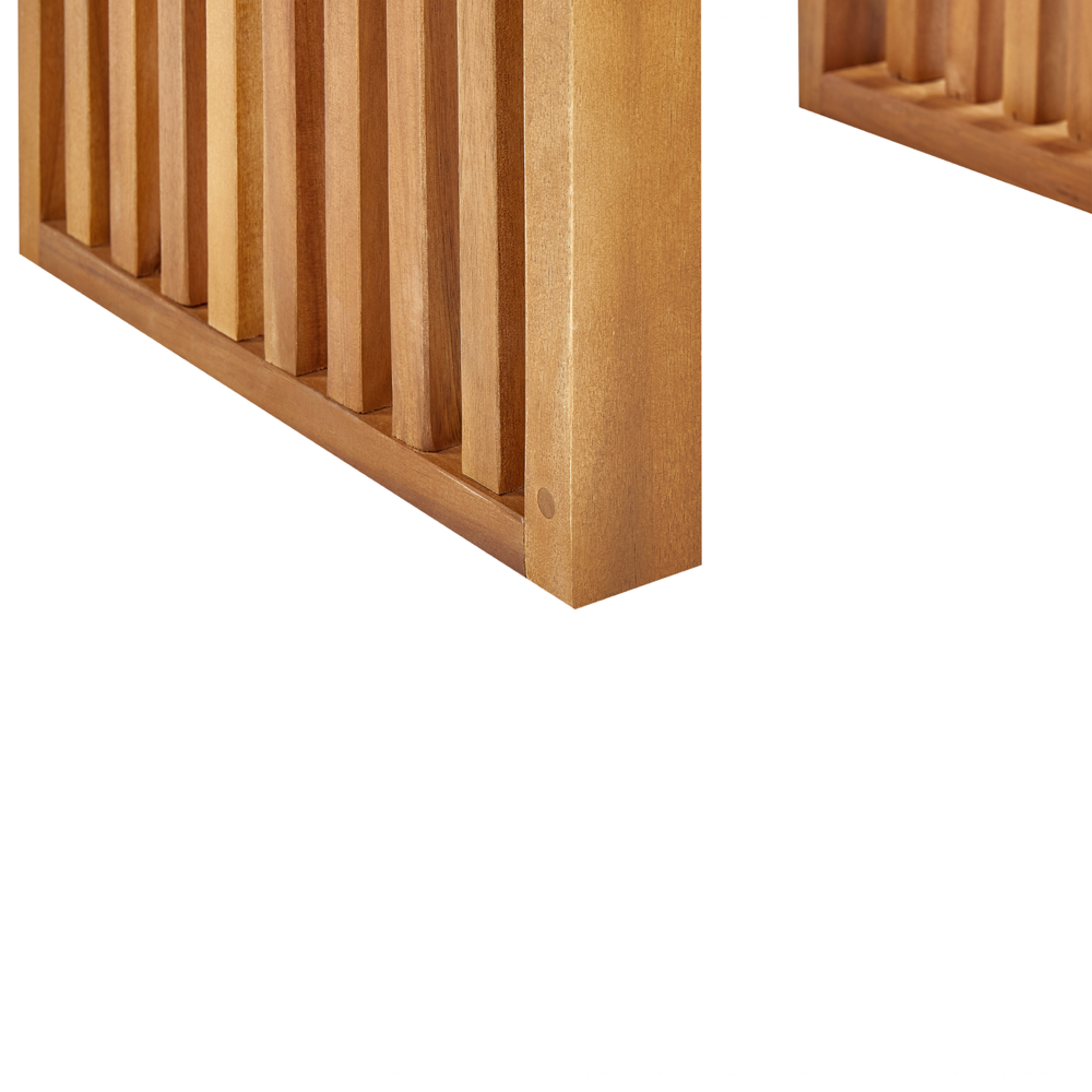 Set di 2 sgabelli da giardino in legno di acacia chiaro da giardino moderno e rustico.