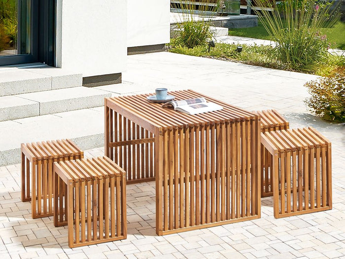 Set da pranzo da giardino 5 pezzi Tavolo rettangolare in legno massiccio di acacia 4 sgabelli Design rustico per interni esterni