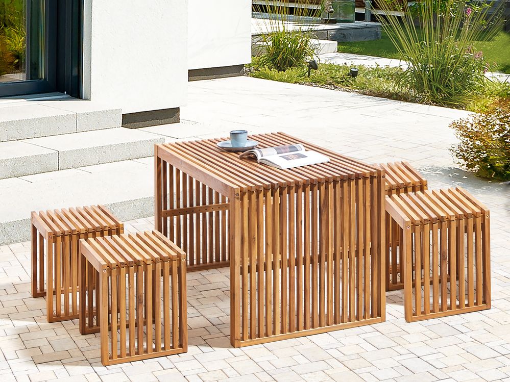 Set da pranzo da giardino 5 pezzi Tavolo rettangolare in legno massiccio di acacia 4 sgabelli Design rustico per interni esterni