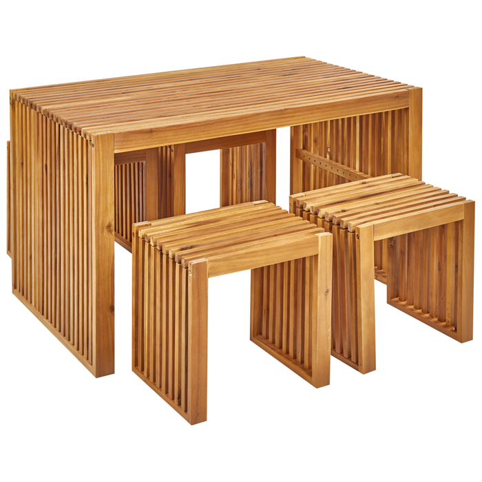 Set da pranzo da giardino 5 pezzi Tavolo rettangolare in legno massiccio di acacia 4 sgabelli Design rustico per interni esterni