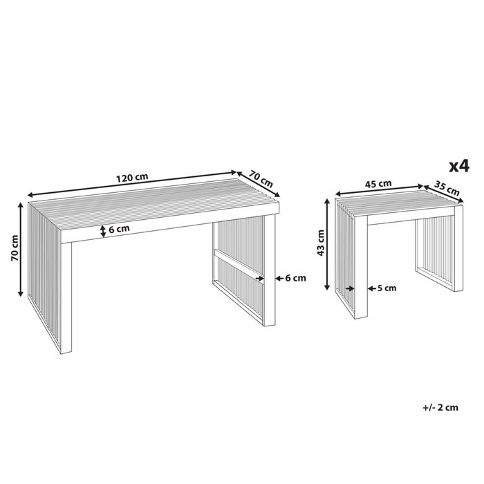 Set da pranzo da giardino 5 pezzi Tavolo rettangolare in legno massiccio di acacia 4 sgabelli Design rustico per interni esterni