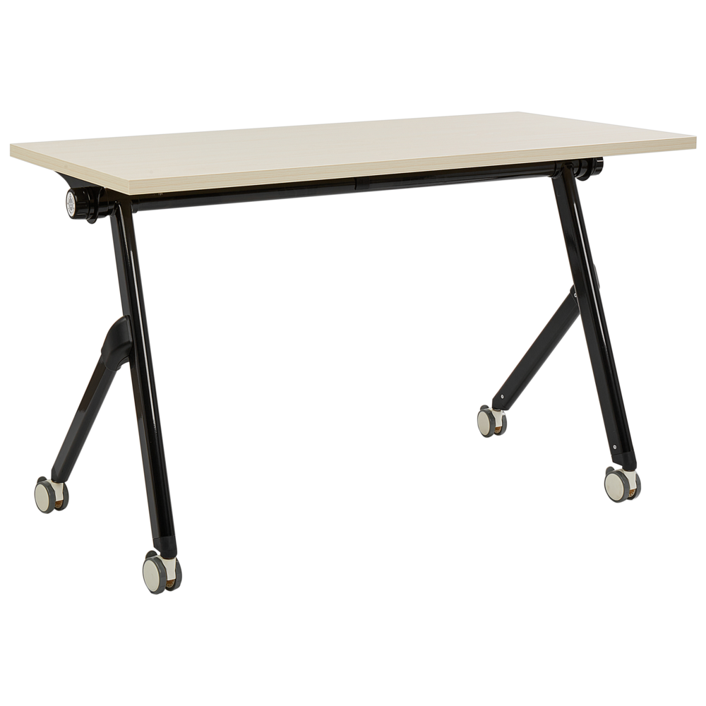 Scrivania rettangolare pieghevole con rotelle portatile con struttura in metallo legno chiaro e nero 120 x 60 cm stile moderno